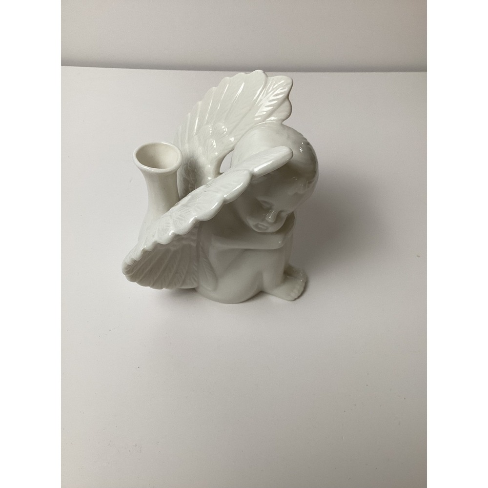 White Porcelain Cherub Angel Figurine Bud Vase Candle Holder Glazed 4 inch